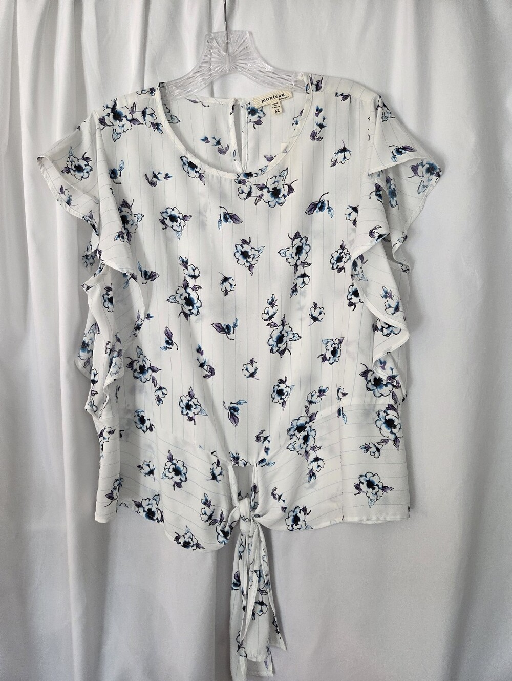 Monteau NWT White/Blue Floral Tie Front Blouse Size XL
